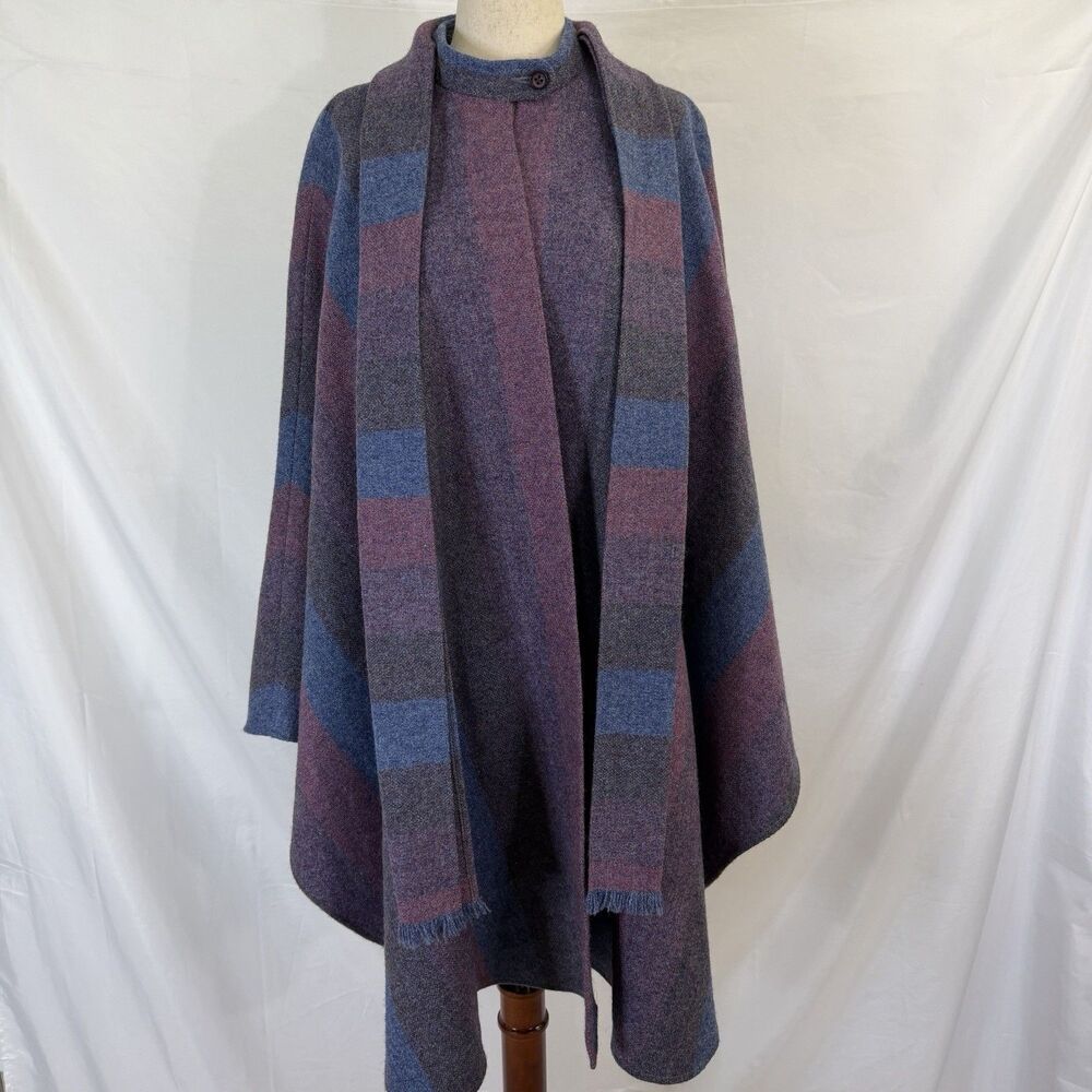 Avoca Collection Irish Wool Stripe Cape Jacket Coat w/ Scarf OS Poncho